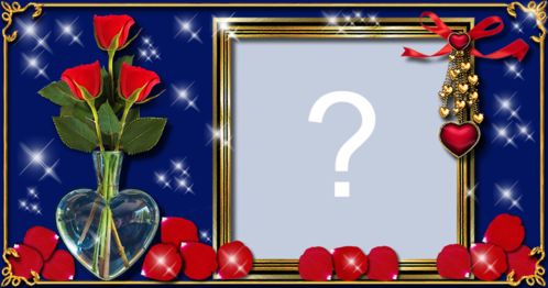 Linda Moldura com vaso de flores no vaso de vidro e pétalas de rosas. Adicione sua foto!