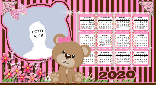 Calendario 2020 da Ursa marrom e rosa. Para fazer adicione uma foto!