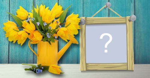 Moldura para foto com regador amarelo cheio de flores amarelas. Adicione uma foto!