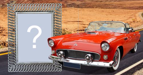 Linda moldura com carro clássico Ford vermelho. Adicione sua foto!