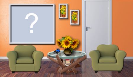 Linda moldura de sala decorada com girassol e quadro de foto na parede!