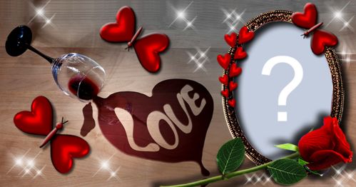 Linda moldura com taça de vinho derramado escrito Love. Adicione uma foto!