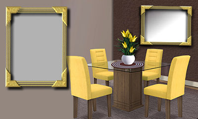 Montagem com foto na parede da sala de jantar com cadeiras amarelas. Faça a sua!