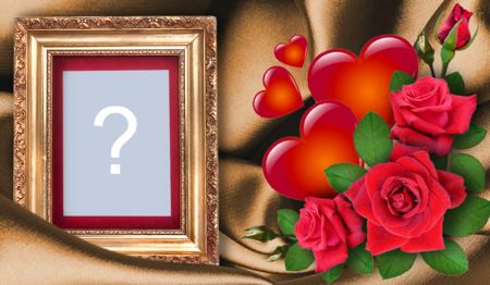 Schöner Rahmen mit Anordnung von roten Rosen und Herzen. Füge ein Foto von dir hinzu!