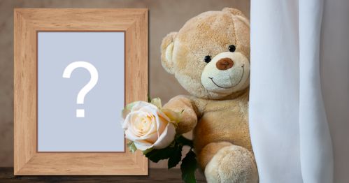 Rahmen mit Teddybär, der eine Rose hält. Fügen Sie Ihr Foto hinzu!