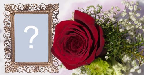 Adicione sua foto nesta linda fotomontagem com moldura de bronze e rosa vermelha!