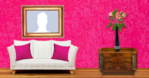 Coloque a sua foto na parede de uma linda sala cor de rosa!
