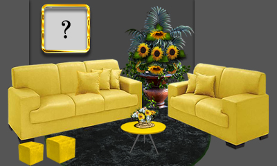 Coloque a sua foto na parede da sala com sofá amarelo!