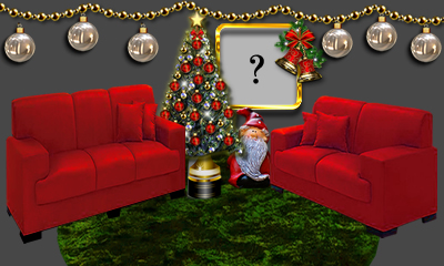 Linda moldura com decoração de Natal na sala. Adicione uma foto!