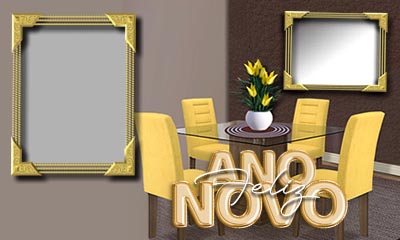 Moldura de Feliz Ano Novo com cadeiras amarelas e foto na parede!