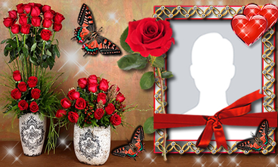 Linda moldura com vaso e arranjo de rosas. Adicione sua foto!