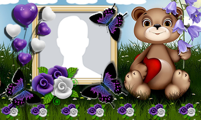 Moldura de ursinho com balões roxos. Adicione a sua foto!