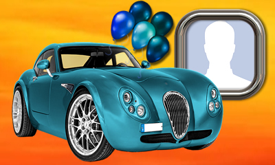 Linda moldura com balões e carro azul. Adicione a sua foto!