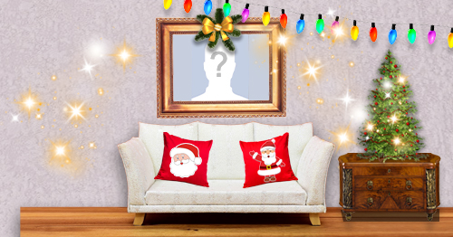 Moldura sala decorada para o Natal. Adicione sua foto!