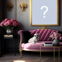 Montagem de foto com sofá rosa, vaso de rosas, moldura dourada na parede um um cachorro Montagem de foto com sofá rosa, vaso de rosas, moldura dourada na parede um um cachorro