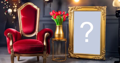 Linda moldura para foto com poltrona vermelha e borda dourada