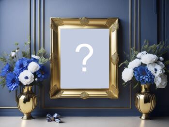 Moldura para foto com vasos de flores dourados e flores azuis!