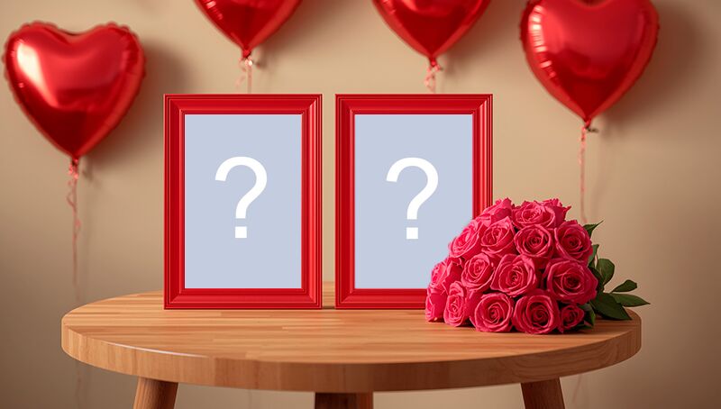 🥰 Moldura romântica para duas fotos com porta-retratos na mesinha e buquê de rosas pink! 🌷