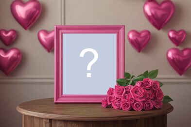 Linda moldura com mesinha de madeira com porta-retratos pink em cima, balões pink metálicos e buquê de rosas pink!