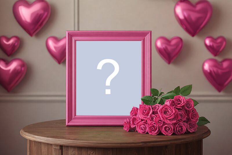 Linda moldura com mesinha de madeira com porta-retratos pink em cima, balões pink metálicos e buquê de rosas pink!